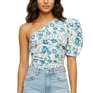 Intimately Free People One Shoulder Puff Sleeve Floral Bodysuit Teal Cream XS